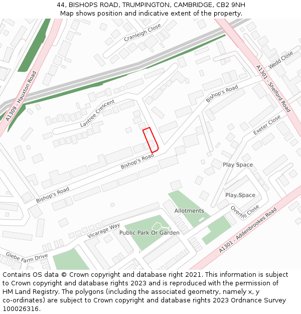 44, BISHOPS ROAD, TRUMPINGTON, CAMBRIDGE, CB2 9NH: Location map and indicative extent of plot