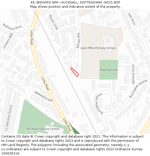 44, BISHOPS WAY, HUCKNALL, NOTTINGHAM, NG15 8DP: Location map and indicative extent of plot