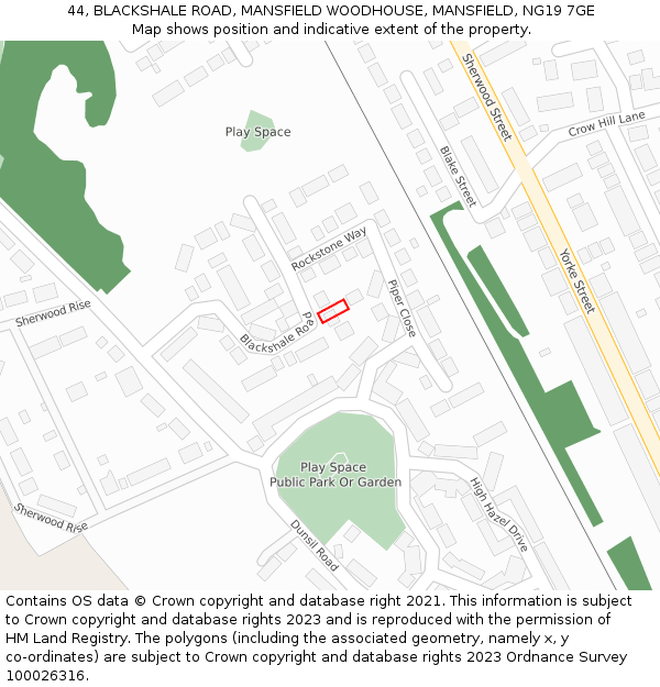 44, BLACKSHALE ROAD, MANSFIELD WOODHOUSE, MANSFIELD, NG19 7GE: Location map and indicative extent of plot