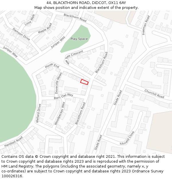 44, BLACKTHORN ROAD, DIDCOT, OX11 6AY: Location map and indicative extent of plot