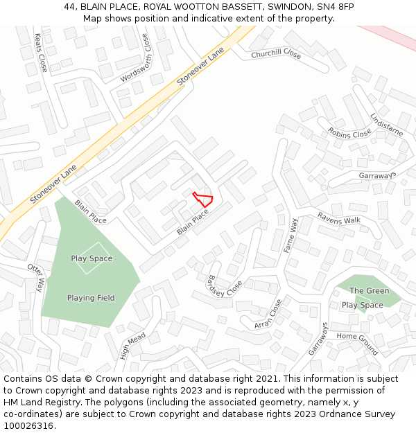 44, BLAIN PLACE, ROYAL WOOTTON BASSETT, SWINDON, SN4 8FP: Location map and indicative extent of plot