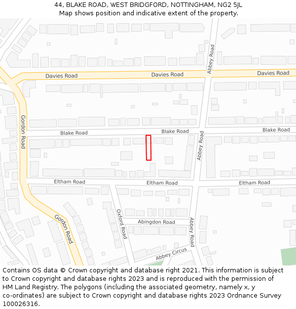 44, BLAKE ROAD, WEST BRIDGFORD, NOTTINGHAM, NG2 5JL: Location map and indicative extent of plot