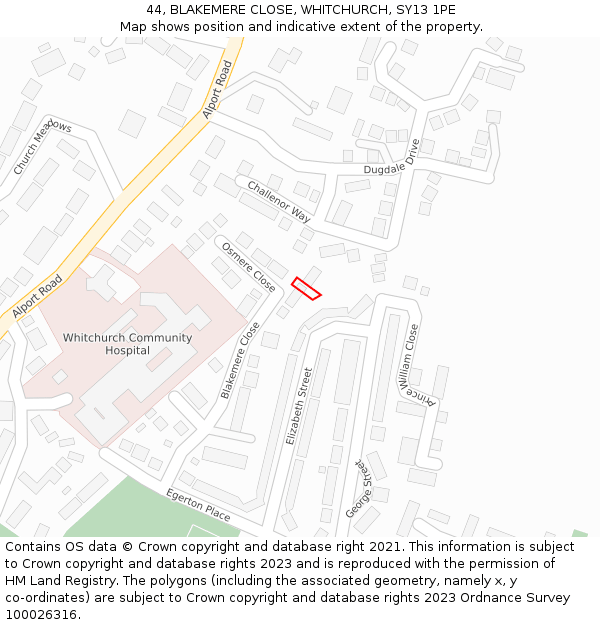 44, BLAKEMERE CLOSE, WHITCHURCH, SY13 1PE: Location map and indicative extent of plot