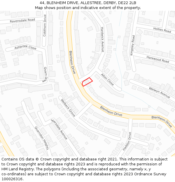 44, BLENHEIM DRIVE, ALLESTREE, DERBY, DE22 2LB: Location map and indicative extent of plot