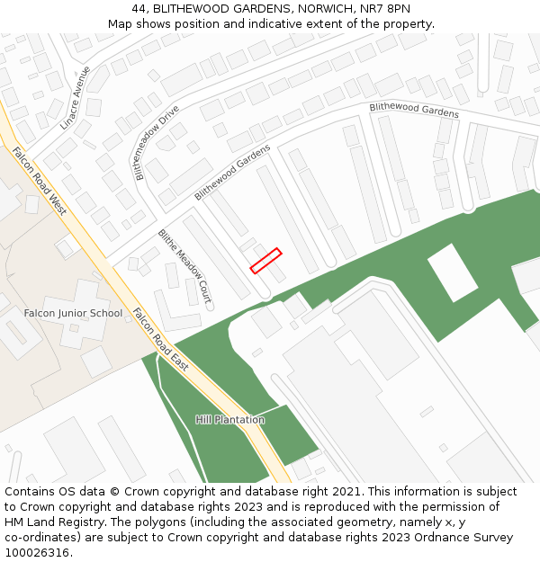 44, BLITHEWOOD GARDENS, NORWICH, NR7 8PN: Location map and indicative extent of plot