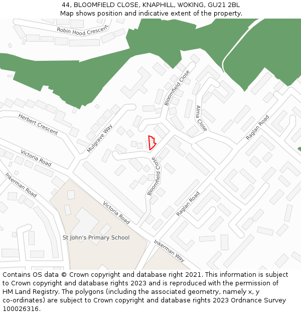 44, BLOOMFIELD CLOSE, KNAPHILL, WOKING, GU21 2BL: Location map and indicative extent of plot