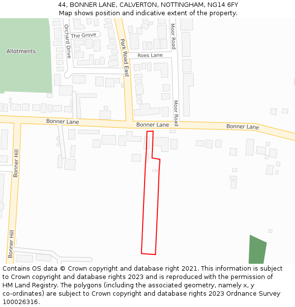 44, BONNER LANE, CALVERTON, NOTTINGHAM, NG14 6FY: Location map and indicative extent of plot