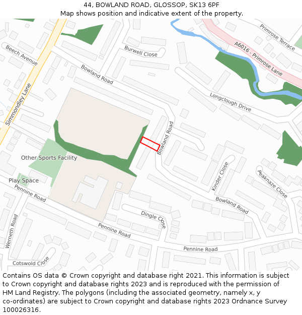 44, BOWLAND ROAD, GLOSSOP, SK13 6PF: Location map and indicative extent of plot