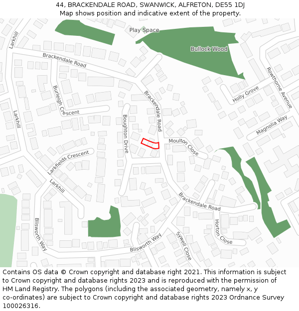 44, BRACKENDALE ROAD, SWANWICK, ALFRETON, DE55 1DJ: Location map and indicative extent of plot