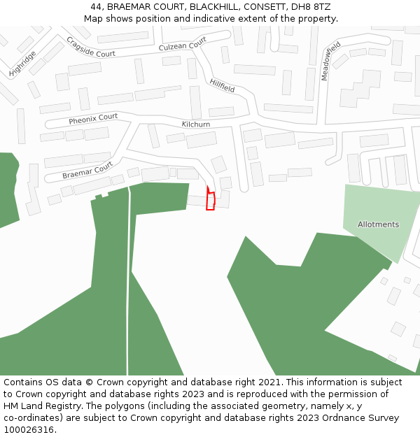 44, BRAEMAR COURT, BLACKHILL, CONSETT, DH8 8TZ: Location map and indicative extent of plot