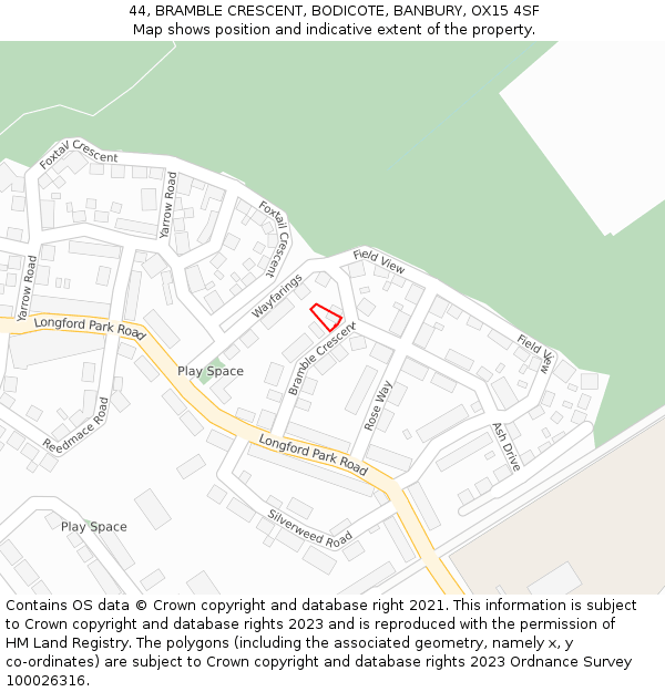 44, BRAMBLE CRESCENT, BODICOTE, BANBURY, OX15 4SF: Location map and indicative extent of plot