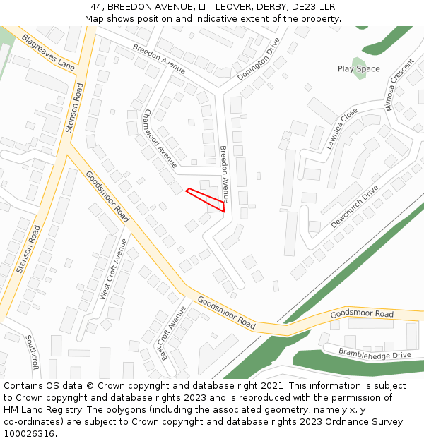 44, BREEDON AVENUE, LITTLEOVER, DERBY, DE23 1LR: Location map and indicative extent of plot