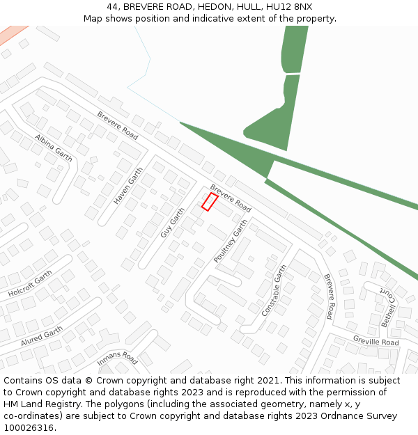 44, BREVERE ROAD, HEDON, HULL, HU12 8NX: Location map and indicative extent of plot