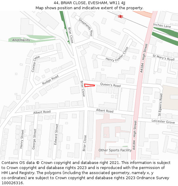 44, BRIAR CLOSE, EVESHAM, WR11 4JJ: Location map and indicative extent of plot