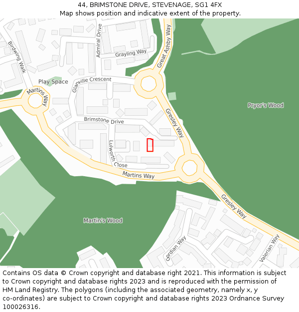 44, BRIMSTONE DRIVE, STEVENAGE, SG1 4FX: Location map and indicative extent of plot