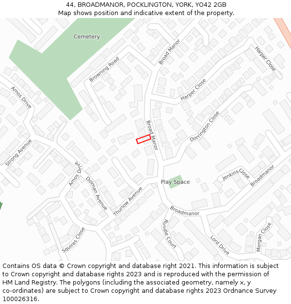 44, BROADMANOR, POCKLINGTON, YORK, YO42 2GB: Location map and indicative extent of plot