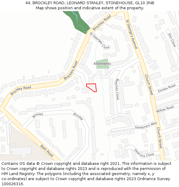 44, BROCKLEY ROAD, LEONARD STANLEY, STONEHOUSE, GL10 3NB: Location map and indicative extent of plot