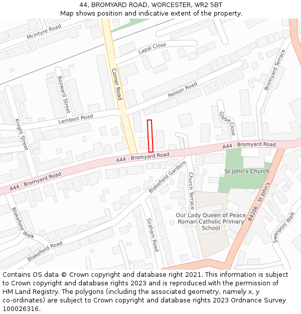 44, BROMYARD ROAD, WORCESTER, WR2 5BT: Location map and indicative extent of plot