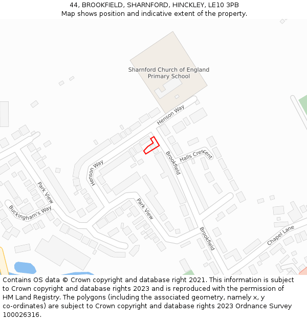 44, BROOKFIELD, SHARNFORD, HINCKLEY, LE10 3PB: Location map and indicative extent of plot