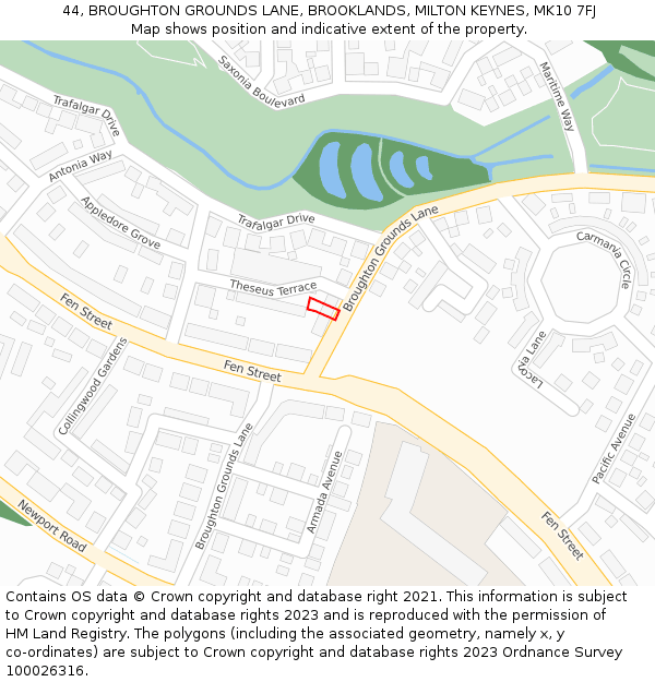 44, BROUGHTON GROUNDS LANE, BROOKLANDS, MILTON KEYNES, MK10 7FJ: Location map and indicative extent of plot