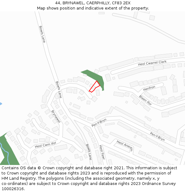 44, BRYNAWEL, CAERPHILLY, CF83 2EX: Location map and indicative extent of plot