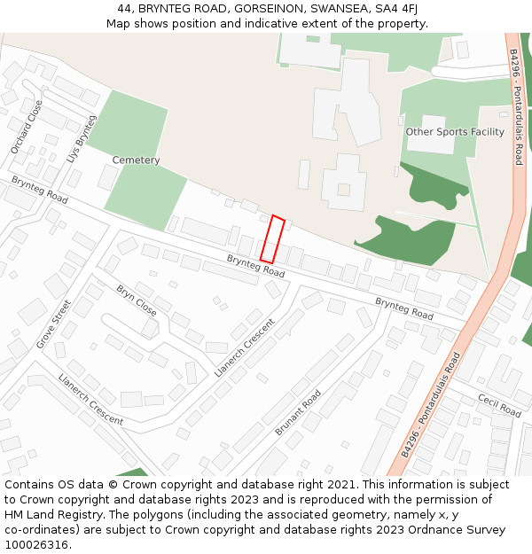 44, BRYNTEG ROAD, GORSEINON, SWANSEA, SA4 4FJ: Location map and indicative extent of plot