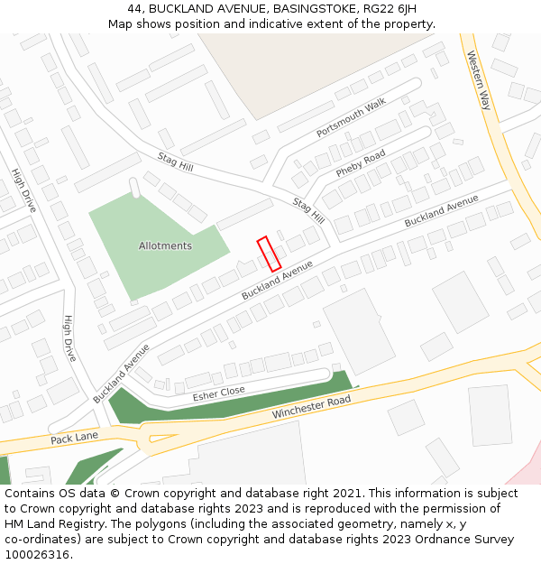 44, BUCKLAND AVENUE, BASINGSTOKE, RG22 6JH: Location map and indicative extent of plot