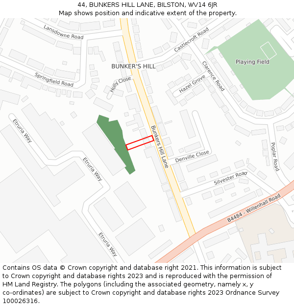 44, BUNKERS HILL LANE, BILSTON, WV14 6JR: Location map and indicative extent of plot