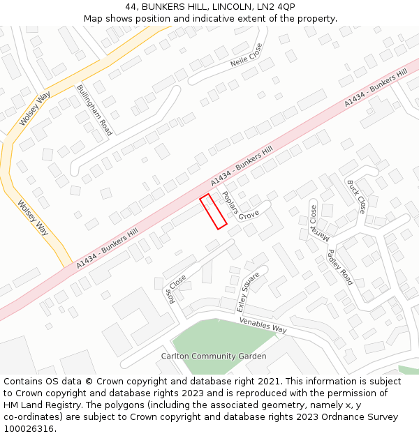 44, BUNKERS HILL, LINCOLN, LN2 4QP: Location map and indicative extent of plot