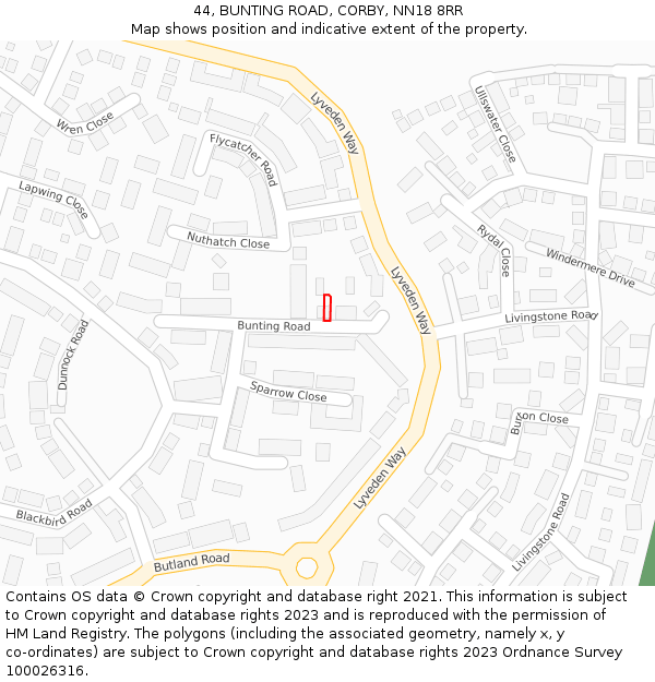 44, BUNTING ROAD, CORBY, NN18 8RR: Location map and indicative extent of plot