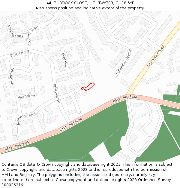 44, BURDOCK CLOSE, LIGHTWATER, GU18 5YP: Location map and indicative extent of plot