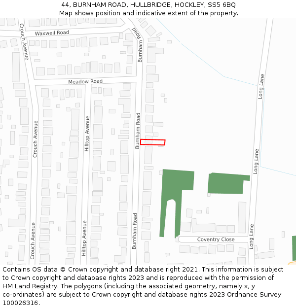 44, BURNHAM ROAD, HULLBRIDGE, HOCKLEY, SS5 6BQ: Location map and indicative extent of plot