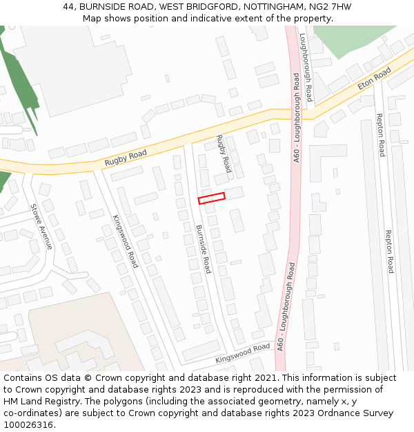 44, BURNSIDE ROAD, WEST BRIDGFORD, NOTTINGHAM, NG2 7HW: Location map and indicative extent of plot