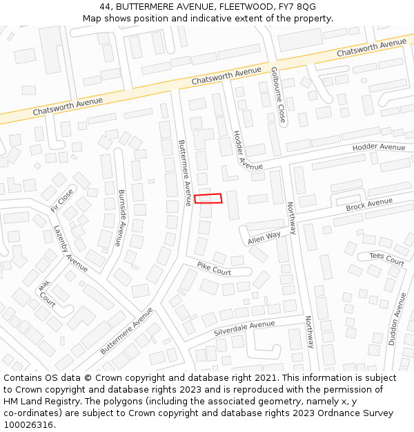 44, BUTTERMERE AVENUE, FLEETWOOD, FY7 8QG: Location map and indicative extent of plot