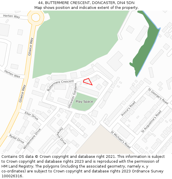 44, BUTTERMERE CRESCENT, DONCASTER, DN4 5DN: Location map and indicative extent of plot