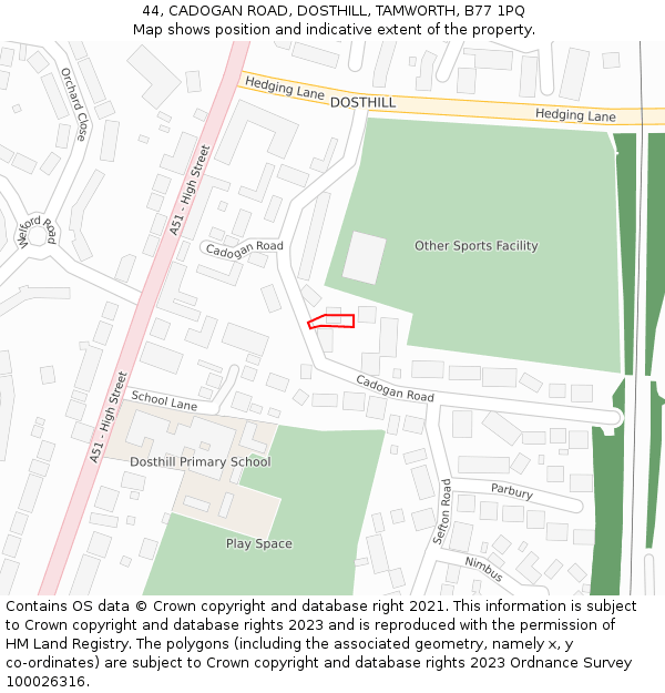 44, CADOGAN ROAD, DOSTHILL, TAMWORTH, B77 1PQ: Location map and indicative extent of plot