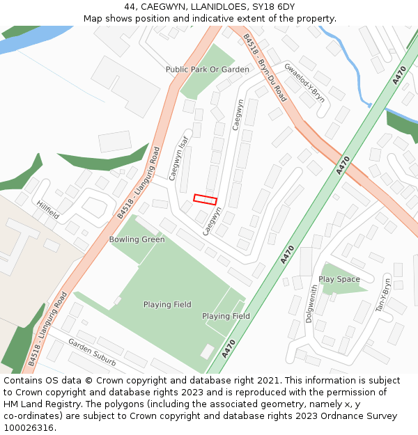 44, CAEGWYN, LLANIDLOES, SY18 6DY: Location map and indicative extent of plot