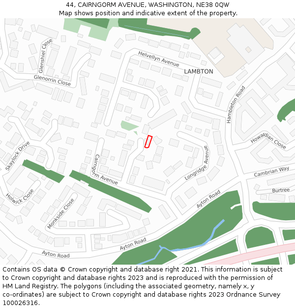 44, CAIRNGORM AVENUE, WASHINGTON, NE38 0QW: Location map and indicative extent of plot