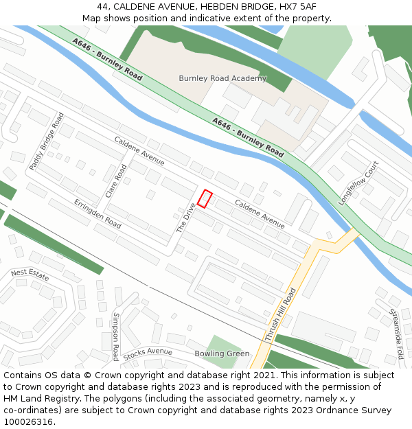 44, CALDENE AVENUE, HEBDEN BRIDGE, HX7 5AF: Location map and indicative extent of plot