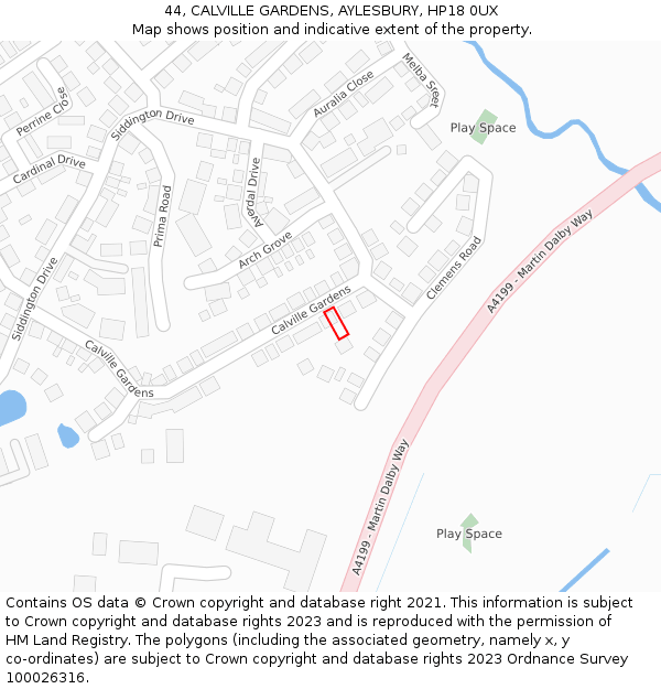 44, CALVILLE GARDENS, AYLESBURY, HP18 0UX: Location map and indicative extent of plot