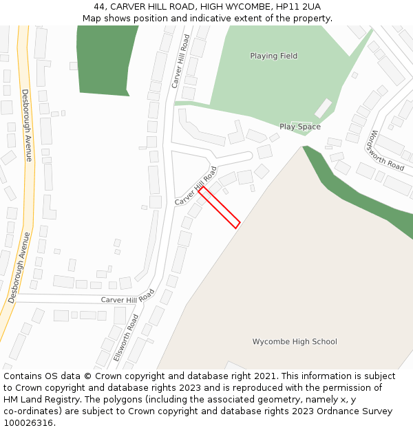 44, CARVER HILL ROAD, HIGH WYCOMBE, HP11 2UA: Location map and indicative extent of plot