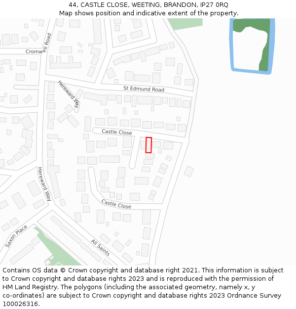 44, CASTLE CLOSE, WEETING, BRANDON, IP27 0RQ: Location map and indicative extent of plot