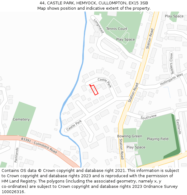 44, CASTLE PARK, HEMYOCK, CULLOMPTON, EX15 3SB: Location map and indicative extent of plot