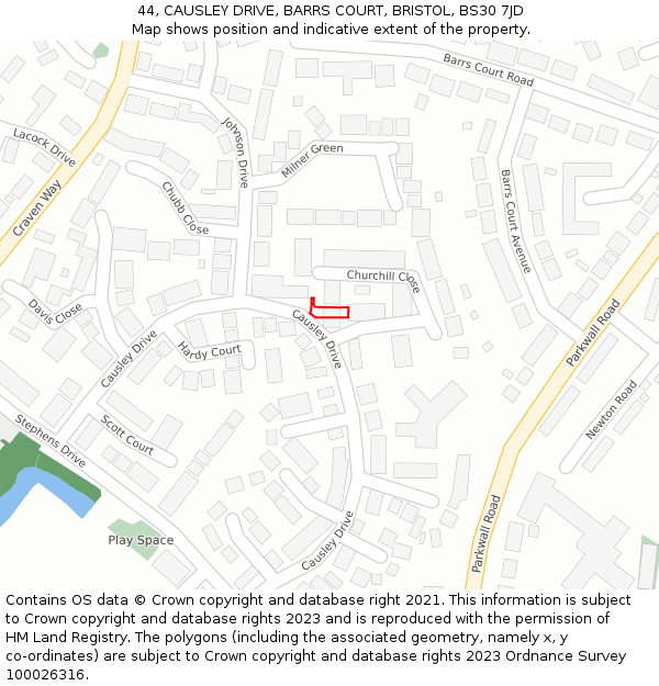 44, CAUSLEY DRIVE, BARRS COURT, BRISTOL, BS30 7JD: Location map and indicative extent of plot