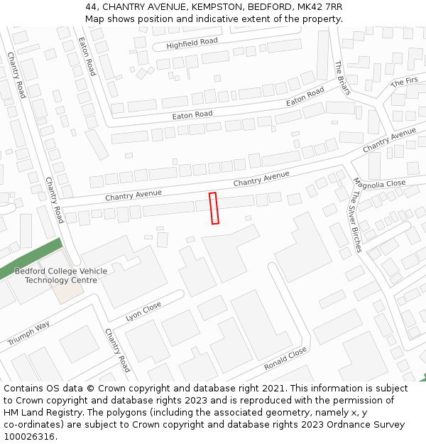 44, CHANTRY AVENUE, KEMPSTON, BEDFORD, MK42 7RR: Location map and indicative extent of plot