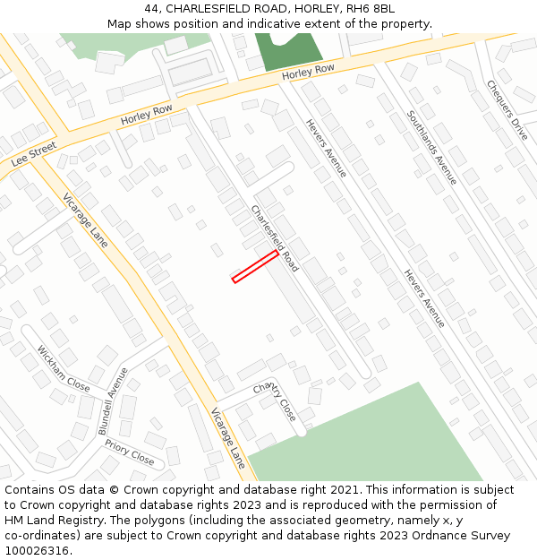 44, CHARLESFIELD ROAD, HORLEY, RH6 8BL: Location map and indicative extent of plot