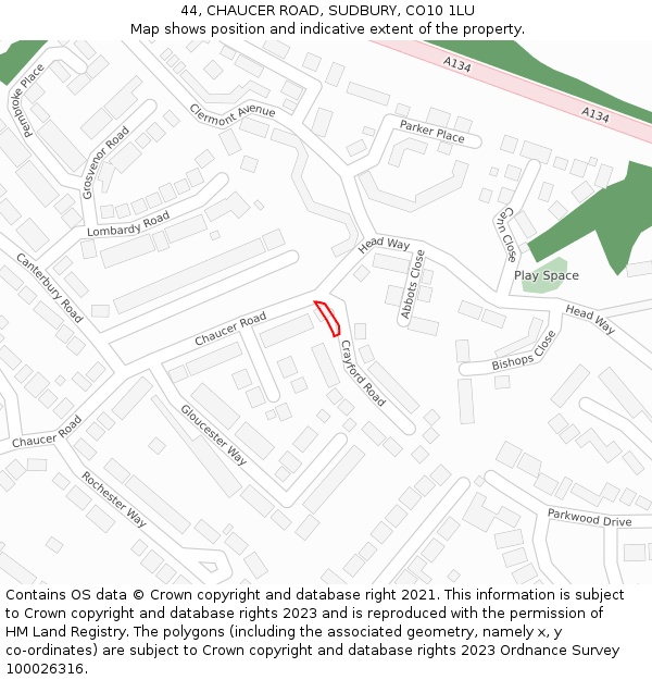 44, CHAUCER ROAD, SUDBURY, CO10 1LU: Location map and indicative extent of plot