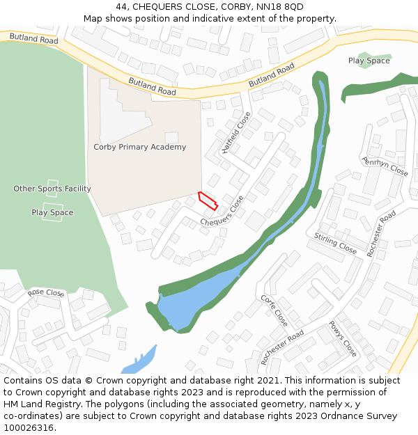 44, CHEQUERS CLOSE, CORBY, NN18 8QD: Location map and indicative extent of plot