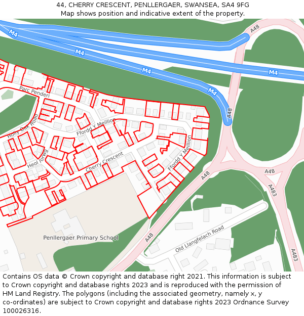 44, CHERRY CRESCENT, PENLLERGAER, SWANSEA, SA4 9FG: Location map and indicative extent of plot
