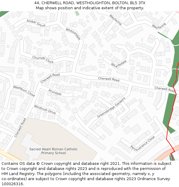 44, CHERWELL ROAD, WESTHOUGHTON, BOLTON, BL5 3TX: Location map and indicative extent of plot